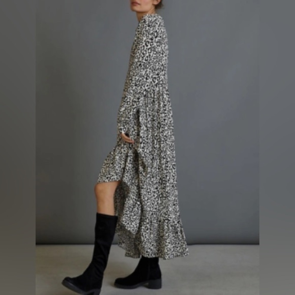 Anthropologie Mare Mare Lynda Maxi Dress Black White Leopard Ruffle Pockets